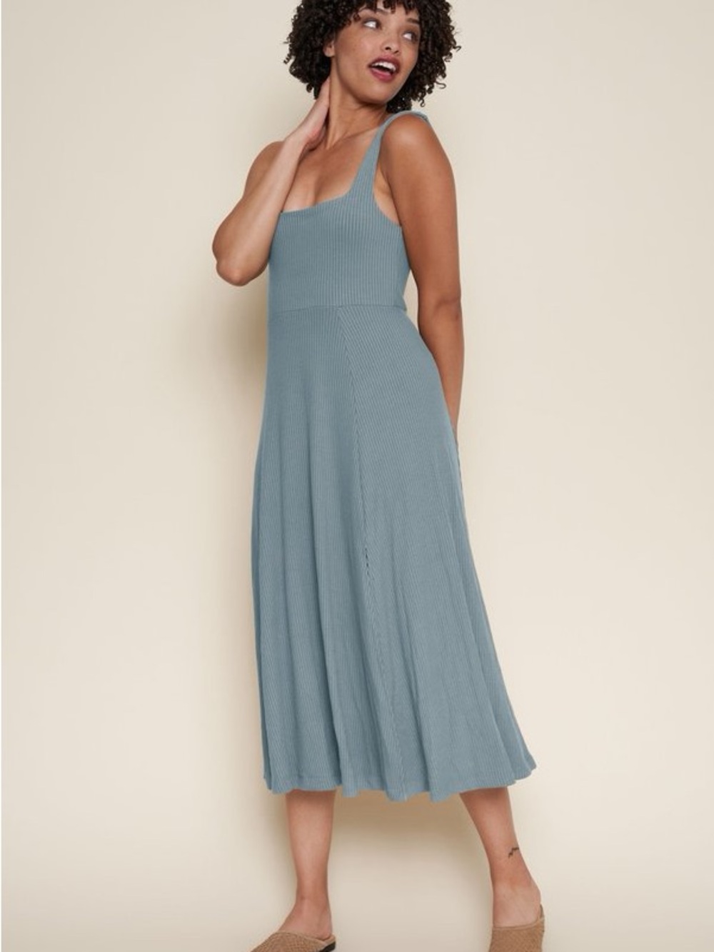 Whimsy + Row Frankie Dress Midi Fit & Flare Blue Rib Women’s Size M